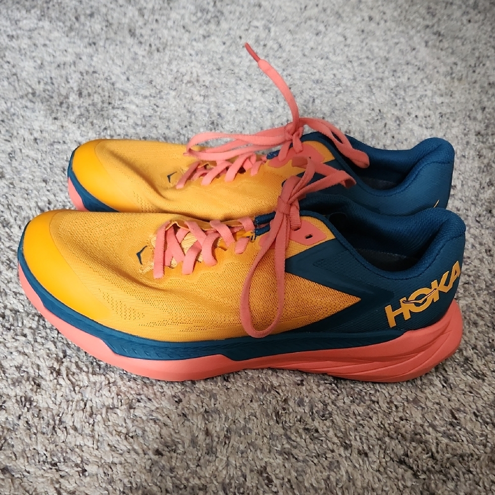 Hoka Vibrant Yellow and Coral Sneakers Worn twice! Size 9.5